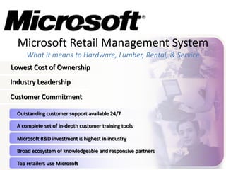 Microsoft Retail Management System
      What it means to Hardware, Lumber, Rental, & Service
Lowest Cost of Ownership
Industry Leadership
Customer Commitment

  Outstanding customer support available 24/7

  A complete set of in-depth customer training tools

  Microsoft R&D investment is highest in industry

  Broad ecosystem of knowledgeable and responsive partners

  Top retailers use Microsoft
 