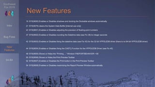 Southwest
Fox 2019
Bug Fixes
Intro
New
Features
64-Bit
New Features
19 SYS(9000) Enables or Disables shadows and docking t...
