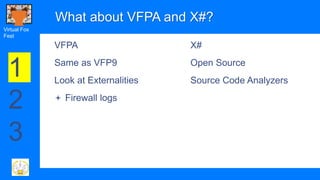 Virtual Fox
Fest
What about VFPA and X#?
VFPA
Same as VFP9
Look at Externalities
 Firewall logs
X#
Open Source
Source Cod...