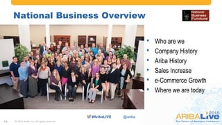 #AribaLIVE @ariba#AribaLIVE @ariba
National Business Overview
© 2015 Ariba, Inc. All rights reserved.12
• Who are we
• Company History
• Ariba History
• Sales Increase
• e-Commerce Growth
• Where we are today
 