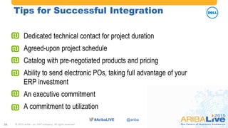 #AribaLIVE @ariba#AribaLIVE @ariba
Tips for Successful Integration
Dedicated technical contact for project duration
Agreed-upon project schedule
Catalog with pre-negotiated products and pricing
Ability to send electronic POs, taking full advantage of your
ERP investment
An executive commitment
A commitment to utilization
© 2015 Ariba – an SAP company. All rights reserved.26
 