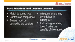 #AribaLIVE @ariba#AribaLIVE @ariba
© 2015 Ariba, Inc. All rights reserved.8
• Match to spend type
• Controls on compliance
• Buyers must be
pushed to the catalog
Best Practices and Lessons Learned
• Infrequent users may
drive delays in
loading CIF
• Just having a catalog
doesn’t drive the
benefits of the catalog
 