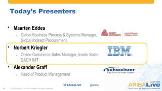 #AribaLIVE @ariba#AribaLIVE @ariba
Today’s Presenters
• Maarten Eddes
 Global Business Process & Systems Manager,
Global Indirect Procurement
• Norbert Kriegler
 Online Commerce Sales Manager, Inside Sales
DACH IMT
• Alexander Graff
 Head of Product Management
11 © 2015 Ariba – an SAP company. All rights reserved.
 
