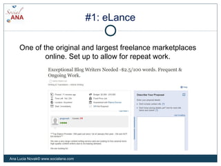 #1: eLance
One of the original and largest freelance marketplaces
online. Set up to allow for repeat work.
Ana Lucia Novak...