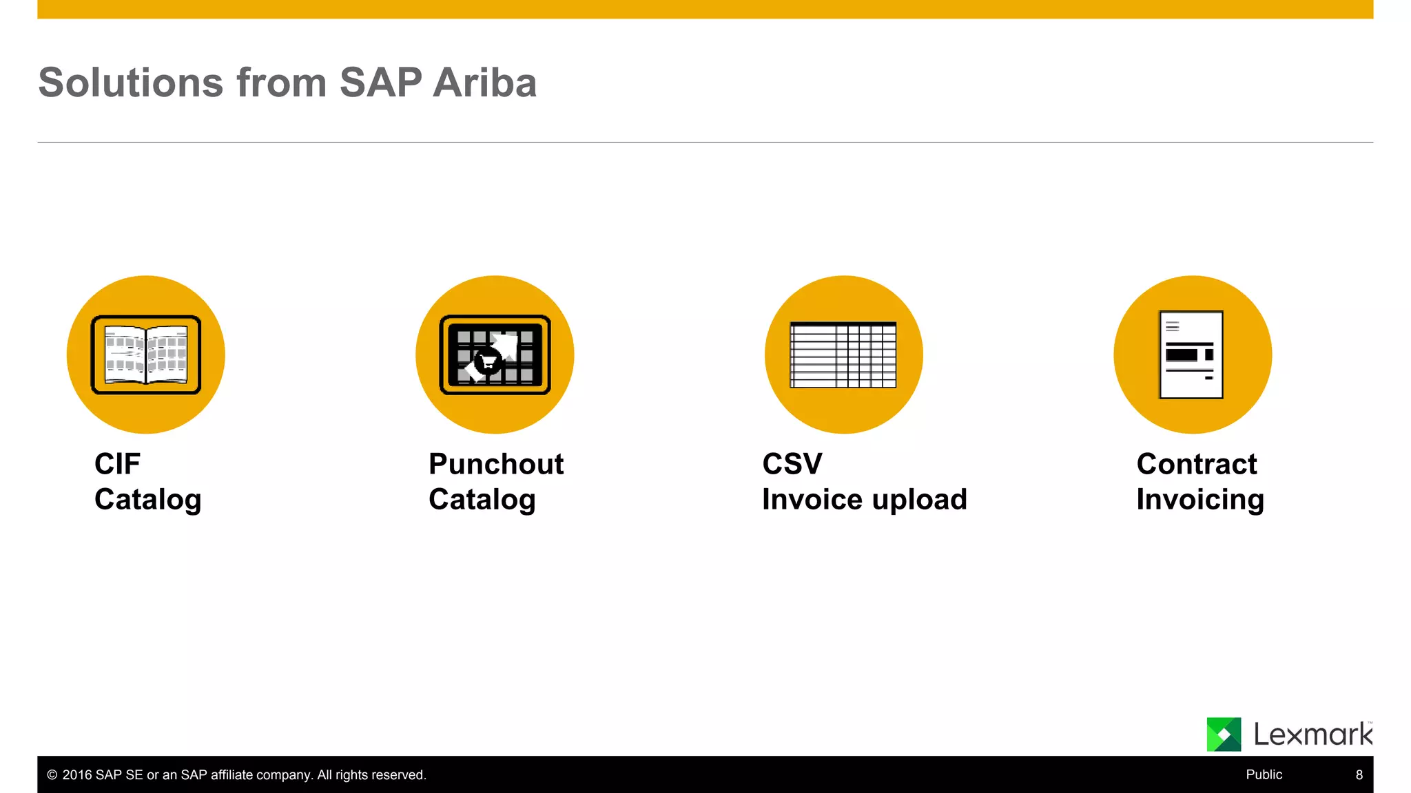 © 2016 SAP SE or an SAP affiliate company. All rights reserved. 16Public
Solutions from SAP Ariba
CIF
Catalog
Punchout
Catalog
CSV
Invoice upload
Contract
Invoicing
 