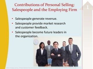 Contributions of Personal Selling:
            Salespeople and the Employing Firm
                                                                                                                                                          1
           • Salespeople generate revenue.
           • Salespeople provide market research
             and customer feedback.
           • Salespeople become future leaders in
             the organization.




©2013 Cengage Learning. All Rights Reserved. May not be scanned, copied or duplicated, or posted to a publicly accessible website, in whole or in part.
 