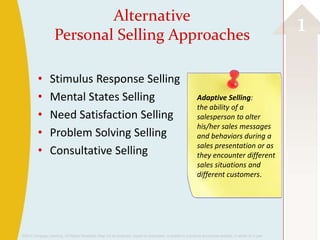 Alternative
                    Personal Selling Approaches
                                                                                                                                                          1
          •      Stimulus Response Selling
          •      Mental States Selling                                                                       Adaptive Selling:
                                                                                                             the ability of a
          •      Need Satisfaction Selling                                                                   salesperson to alter
                                                                                                             his/her sales messages
          •      Problem Solving Selling                                                                     and behaviors during a
                                                                                                             sales presentation or as
          •      Consultative Selling                                                                        they encounter different
                                                                                                             sales situations and
                                                                                                             different customers.




©2013 Cengage Learning. All Rights Reserved. May not be scanned, copied or duplicated, or posted to a publicly accessible website, in whole or in part.
 