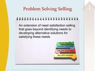 Problem Solving Selling                                                                                                1

                         An extension of need satisfaction selling
                         that goes beyond identifying needs to
                         developing alternative solutions for
                         satisfying these needs




©2013 Cengage Learning. All Rights Reserved. May not be scanned, copied or duplicated, or posted to a publicly accessible website, in whole or in part.
 
