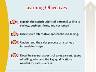 Learning Objectives                                                                                                 1
       L 4                  Explain the contributions of personal selling to
                            society, business firms, and customers.

        L 5                 Discuss five alternative approaches to selling.

        L 6                 Understand the sales process as a series of
                            interrelated steps.


        L 7                 Describe several aspects of sales careers, types
                            of selling jobs, and the key qualifications
                            needed for sales success.

©2013 Cengage Learning. All Rights Reserved. May not be scanned, copied or duplicated, or posted to a publicly accessible website, in whole or in part.
 