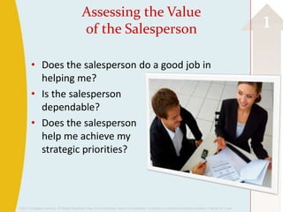 Assessing the Value
                                            of the Salesperson                                                                                            1
        • Does the salesperson do a good job in
          helping me?
        • Is the salesperson
          dependable?
        • Does the salesperson
          help me achieve my
          strategic priorities?




©2013 Cengage Learning. All Rights Reserved. May not be scanned, copied or duplicated, or posted to a publicly accessible website, in whole or in part.
 