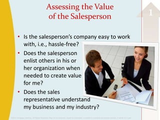 Assessing the Value
                                            of the Salesperson                                                                                            1
        • Is the salesperson’s company easy to work
          with, i.e., hassle-free?
        • Does the salesperson
          enlist others in his or
          her organization when
          needed to create value
          for me?
        • Does the sales
          representative understand
          my business and my industry?
©2013 Cengage Learning. All Rights Reserved. May not be scanned, copied or duplicated, or posted to a publicly accessible website, in whole or in part.
 
