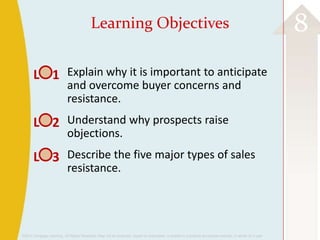 ©2013 Cengage Learning. All Rights Reserved. May not be scanned, copied or duplicated, or posted to a publicly accessible website, in whole or in part.
8Learning Objectives
Explain why it is important to anticipate
and overcome buyer concerns and
resistance.
Understand why prospects raise
objections.
Describe the five major types of sales
resistance.
L 1
L 2
L 3
 