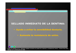 •• Ayuda aAyuda a evitarevitar lala sensibilidadsensibilidad dentariadentaria..
•• Aumenta laAumenta la resistenciaresistencia dede uniónunión..
Scopin de Andrade O et al. Selamento imediato da dentina em protese fixa. Aplicacao e consideracoes clínicas. R Dental Press Estét,
Maringa, v5, n1, p 55-68, ja/fev/mar/ 2008.
 