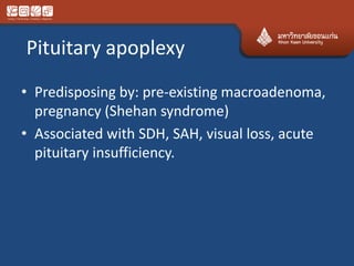 Pituitary apoplexy
• Predisposing by: pre-existing macroadenoma,
pregnancy (Shehan syndrome)
• Associated with SDH, SAH, visual loss, acute
pituitary insufficiency.
 