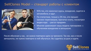 SellClones Model – стандарт работы с клиентом
• 95% тех, кто закончил курсы, вождения, садятся в
автомобиль и едут.
• По статистике, только у 2% тех, кто прошел
тренинг переговоров, прочитал книгу, посмотрел
видео-курс - растут продажи.
• Многие сравнивают нашу модель тренировок с
обучением вождению в автошколе.
После обучения у нас, не нужно повторно идти на тренинги. Так же, как и после
автошколы, не нужно повторно в ней обучаться. Вы садитесь за руль и едете.
 