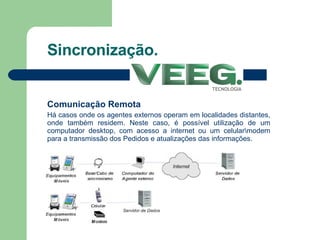 Sincronização. Comunicação Remota Há casos onde os agentes externos operam em localidades distantes, onde também residem. Neste caso, é possível utilização de um computador desktop, com acesso a internet ou um celular\modem para a transmissão dos Pedidos e atualizações das informações. 