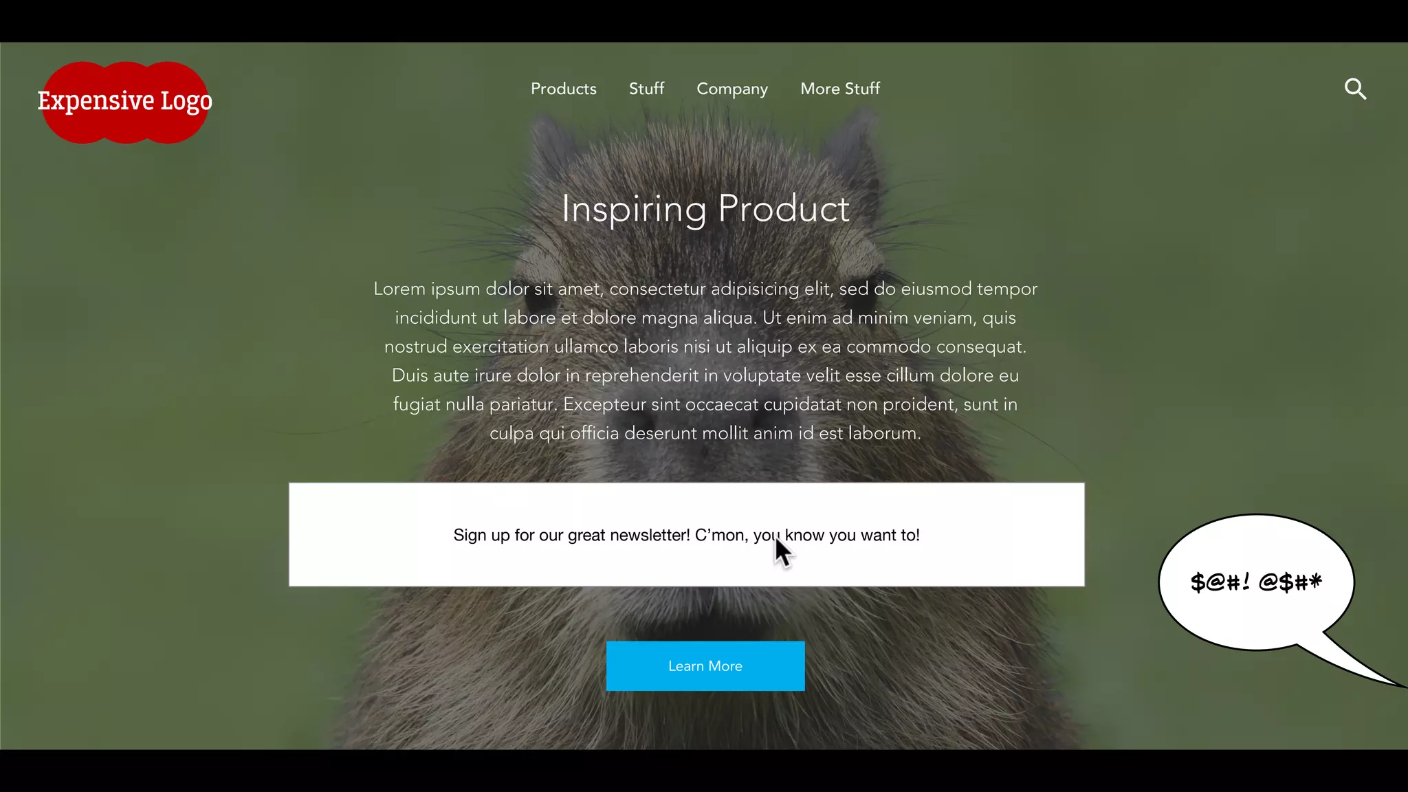 Inspiring Product
Lorem ipsum dolor sit amet, consectetur adipisicing elit, sed do eiusmod tempor
incididunt ut labore et dolore magna aliqua. Ut enim ad minim veniam, quis
nostrud exercitation ullamco laboris nisi ut aliquip ex ea commodo consequat.
Duis aute irure dolor in reprehenderit in voluptate velit esse cillum dolore eu
fugiat nulla pariatur. Excepteur sint occaecat cupidatat non proident, sunt in
culpa qui officia deserunt mollit anim id est laborum.
Learn More
Products Stuff Company More Stuff
Sign up for our great newsletter! C’mon, you know you want to!
Expensive Logo
$@#! @$#*
 