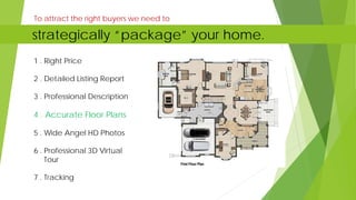 1 . Right Price
2 . Detailed Listing Report
3 . Professional Description
4 . Accurate Floor Plans
5 . Wide Angel HD Photos
6 . Professional 3D Virtual
Tour
7 . Tracking
To attract the right buyers we need to
strategically “package” your home.
 