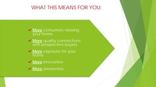 WHAT THIS MEANS FOR YOU:
More consumers viewing
your home
More quality connections
with prospective buyers
More exposure for your
home
More innovation
More awareness
 