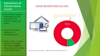 Importance of
Internet home
search
 93% of home buyers
and sellers use the
internet for the
search of their new
home.
 Reach the widest
audience of
potential buyers.
 More buyers = better
chance of finding
one that is willing to
meet your terms, price
and closing date.
HOME BUYERS AND SELLERS
92% of home buyers and sellers use the
internet for the search of their new
home.
93%
 