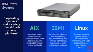 An integrated platform
enabling flexibility
and dependability with
a robust architecture,
exceptional security,
and business resilience
An open operating
system built by
the open source
community, with faster
processing speed
and inherent
security
3 operating
systems
and a variety
of workloads
on one
platform! A scalable, robust
enterprise open
standards-based UNIX
operating system
designed for mission
critical workloads
IBM Power
Systems
 