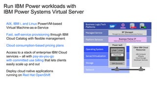 Run IBM Power workloads with
IBM Power Systems Virtual Server
AIX, IBM i, and Linux PowerVM-based
Virtual Machine-as-a-Service
Fast, self-service provisioning through IBM
Cloud Catalog with flexible management
Cloud consumption-based pricing plans
Access to a stack of enterprise IBM Cloud
services – all with pay-as-you-go
with committed use billing that lets clients
easily scale up and out
Deploy cloud native applications
running on Red Hat OpenShift
LPAR LPAR
 