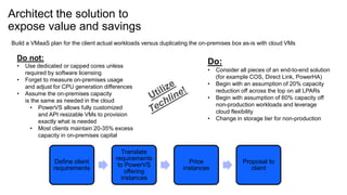 Define client
requirements
Translate
requirements
to PowerVS
offering
instances
Price
instances
Proposal to
client
Architect the solution to
expose value and savings
35
Build a VMaaS plan for the client actual workloads versus duplicating the on-premises box as-is with cloud VMs
Do not:
• Use dedicated or capped cores unless
required by software licensing
• Forget to measure on-premises usage
and adjust for CPU generation differences
• Assume the on-premises capacity
is the same as needed in the cloud
• PowerVS allows fully customized
and API resizable VMs to provision
exactly what is needed
• Most clients maintain 20-35% excess
capacity in on-premises capital
Do:
• Consider all pieces of an end-to-end solution
(for example COS, Direct Link, PowerHA)
• Begin with an assumption of 20% capacity
reduction off across the top on all LPARs
• Begin with assumption of 60% capacity off
non-production workloads and leverage
cloud flexibility
• Change in storage tier for non-production
 