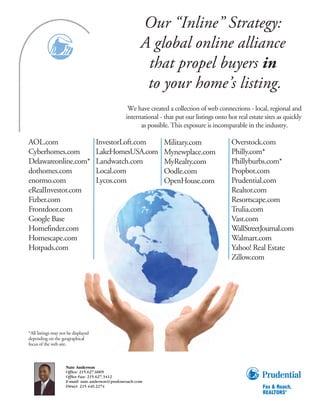 Our “Inline” Strategy:
                                                         A global online alliance
                                                          that propel buyers in
                                                          to your home’s listing.
                                                   We have created a collection of web connections - local, regional and
                                                  international - that put our listings onto hot real estate sites as quickly
                                                        as possible. This exposure is incomparable in the industry.

AOL.com                              InvestorLoft.com             Military.com                 Overstock.com
Cyberhomes.com                       LakeHomesUSA.com             Mynewplace.com               Philly.com*
Delawareonline.com*                  Landwatch.com                MyRealty.com                 Phillyburbs.com*
dothomes.com                         Local.com                    Oodle.com                    Propbot.com
enormo.com                           Lycos.com                    OpenHouse.com                Prudential.com
eRealInvestor.com                                                                              Realtor.com
Fizber.com                                                                                     Resortscape.com
Frontdoor.com                                                                                  Trulia.com
Google Base                                                                                    Vast.com
Homefinder.com                                                                                 WallStreetJournal.com
Homescape.com                                                                                  Walmart.com
Hotpads.com                                                                                    Yahoo! Real Estate
                                                                                               Zillow.com




*All listings may not be displayed
depending on the geographical
focus of the web site.



                     Nate Anderson
                     Office: 215.627.6005
                     Office Fax: 215.627.3412
                     E-mail: nate.anderson@prufoxroach.com
                     Direct: 215.440.2274
 