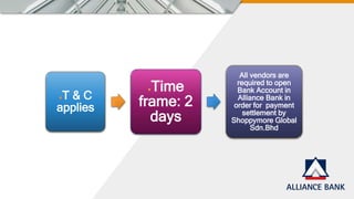 ●T & C
applies
●Time
frame: 2
days
All vendors are
required to open
Bank Account in
Alliance Bank in
order for payment
settlement by
Shoppymore Global
Sdn.Bhd
 