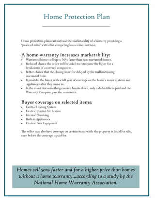 Home Protection Plan


  Home protection plans can increase the marketability of a home by providing a
  “peace of mind” extra that competing homes may not have.

  A home warranty increases marketability:
  •   Warranted homes sell up to 50% faster than non-warranted homes.
  •   Reduced chance the seller will be asked to reimburse the buyer for a
      breakdown of a covered component.
  •   Better chance that the closing won’t be delayed by the malfunctioning
      warranted item.
  •   It provides the buyer with a full year of coverage on the home’s major systems and
       appliances after they move in.
  •   In the event that something covered breaks down, only a deductible is paid and the
      Warranty Company pays the remainder.

  Buyer coverage on selected items:
  •   Central Heating System
  •   Electric Central Air System
  •   Interior Plumbing
  •   Built-in Appliances
  •   Electric Pool Equipment

  The seller may also have coverage on certain items while the property is listed for sale,
  even before the coverage is paid for.




Homes sell 50% faster and for a higher price than homes
without a home warranty...according to a study by the
       National Home Warranty Association.
 
