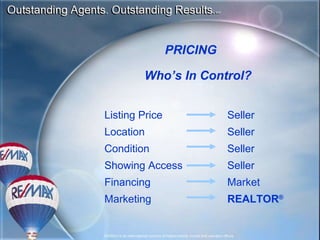PRICING Who’s In Control? Listing Price     Seller Location   Seller Condition   Seller Showing Access   Seller Financing   Market Marketing   REALTOR ® 