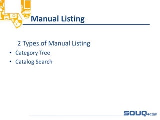 Manual Listing________________________________
2 Types of Manual Listing
• Category Tree
• Catalog Search
 