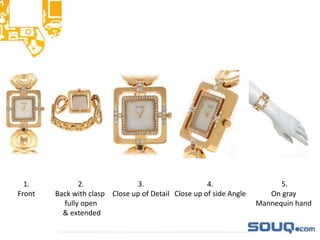 1.
Front
2.
Back with clasp
fully open
& extended
3.
Close up of Detail
5.
On gray
Mannequin hand
4.
Close up of side Angle
 