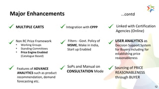MULTIPLE CARTS Integration with CPPP Linked with Certification
Agencies (Online)
Non RC Price Framework
• Working Groups
• Standing Committees
• Price Engine Enabled
(Catalogue Based)
Filters - Govt. Policy of
MSME, Make in India,
Start up Enabled
USER ANALYTICS as
Decision Support System
for Buyers including for
establishing price
reasonableness
Features of ADVANCE
ANALYTICS such as product
recommendation, demand
forecasting etc.
SoPs and Manual on
CONSULTATION Mode
Sourcing of PRICE
REASONABLENESS
through BUYER
Major Enhancements ...contd
12
 