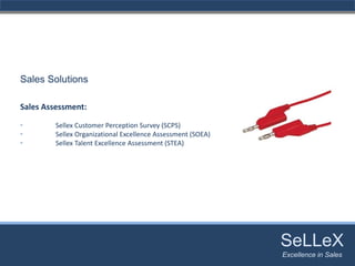 Sales Solutions

Sales Assessment:

•        Sellex Customer Perception Survey (SCPS)
•        Sellex Organizational Excellence Assessment (SOEA)
•        Sellex Talent Excellence Assessment (STEA)




                                                              SeLLeX
                                                               SeLLeX
                                                              Excellence in Sales
                                                                 Excellence in Sales
 
