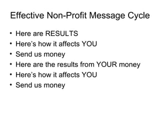 Effective Non-Profit Message Cycle <ul><li>Here are RESULTS </li></ul><ul><li>Here’s how it affects YOU </li></ul><ul><li>...