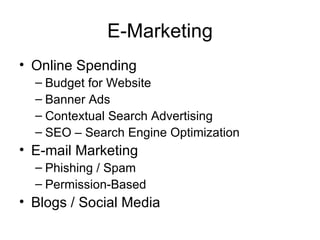 E-Marketing <ul><li>Online Spending </li></ul><ul><ul><li>Budget for Website </li></ul></ul><ul><ul><li>Banner Ads </li></...