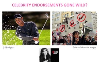 CELEBRITY ENDORSEMENTS GONE WILD?

$28m/year

Sub-subsistence wages

 