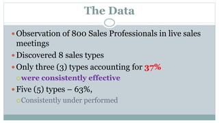 The Data
 Observation of 800 Sales Professionals in live sales
meetings
 Discovered 8 sales types
 Only three (3) types...