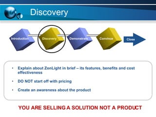 Discovery Explain about ZonLight in brief – its features, benefits and cost effectiveness DO NOT start off with pricing Create an awareness about the product  YOU ARE SELLING A SOLUTION NOT A PRODUCT Introduction Discovery Demonstrate Convince Close 