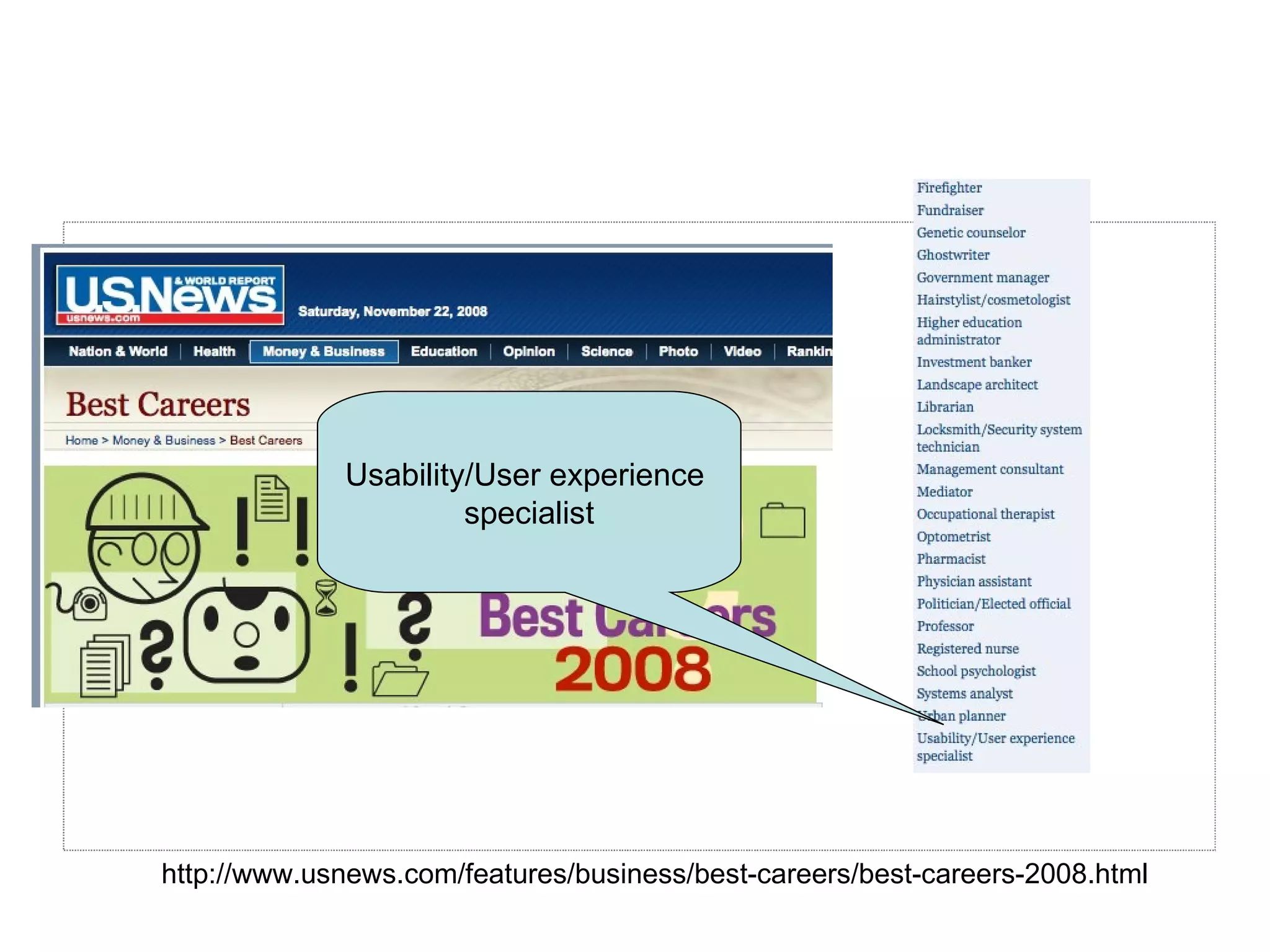 http://www.usnews.com/features/business/best-careers/best-careers-2008.html Usability/User experience  specialist 