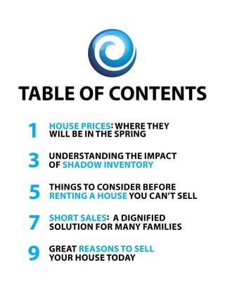 TABLE OF CONTENTS
1   HOuSE PRICES: WHERE THEy
    WILL BE IN THE SPRINg


3   uNdERSTANdINg THE ImPACT
    OF SHAdOW INvENTORy


5   THINgS TO CONSIdER BEFORE
    RENTINg A HOuSE yOu CAN’T SELL


7   SHORT SALES: A dIgNIFIEd
    SOLuTION FOR mANy FAmILIES


9   gREAT REASONS TO SELL
    yOuR HOuSE TOdAy
 