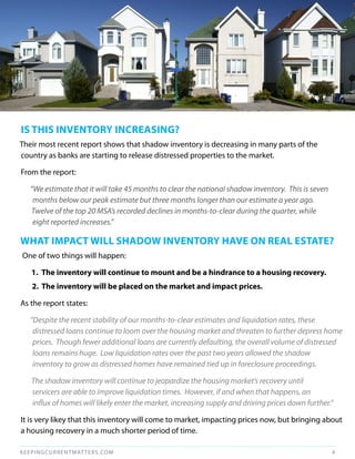 IS THIS INvENTORy INCREASINg?
Their most recent report shows that shadow inventory is decreasing in many parts of the
country as banks are starting to release distressed properties to the market.

From the report:

   “We estimate that it will take 45 months to clear the national shadow inventory. This is seven
    months below our peak estimate but three months longer than our estimate a year ago.
   Twelve of the top 20 MSA’s recorded declines in months-to-clear during the quarter, while
    eight reported increases.”

WHAT ImPACT WILL SHAdOW INvENTORy HAvE ON REAL ESTATE?
One of two things will happen:

   1. The inventory will continue to mount and be a hindrance to a housing recovery.
   2. The inventory will be placed on the market and impact prices.

As the report states:

   “Despite the recent stability of our months-to-clear estimates and liquidation rates, these
    distressed loans continue to loom over the housing market and threaten to further depress home
    prices. Though fewer additional loans are currently defaulting, the overall volume of distressed
    loans remains huge. Low liquidation rates over the past two years allowed the shadow
    inventory to grow as distressed homes have remained tied up in foreclosure proceedings.

   The shadow inventory will continue to jeopardize the housing market’s recovery until
   servicers are able to improve liquidation times. However, if and when that happens, an
   influx of homes will likely enter the market, increasing supply and driving prices down further.”

It is very likey that this inventory will come to market, impacting prices now, but bringing about
a housing recovery in a much shorter period of time.

KEEPINGCURRENTMAT TERS.COM                                                                          4
 