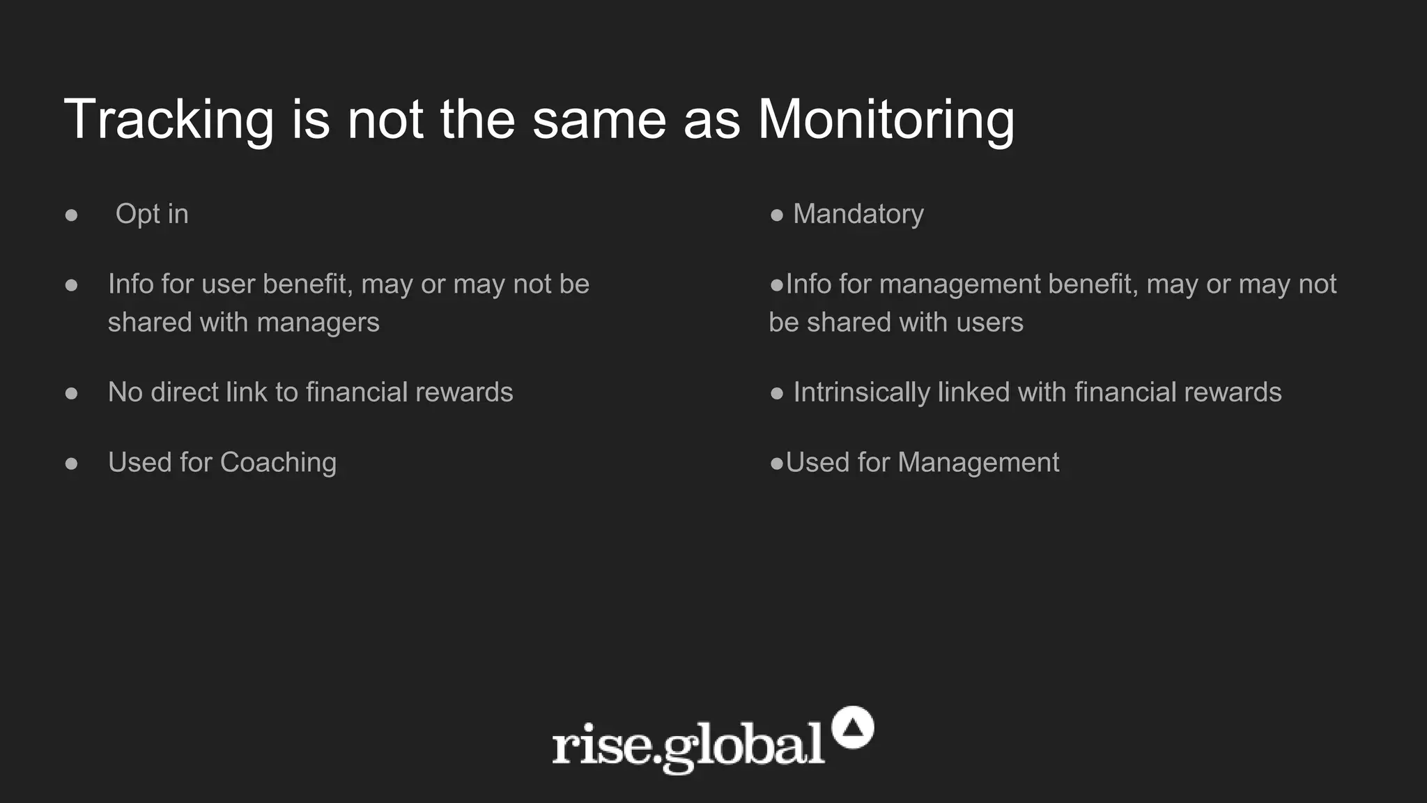 Tracking is not the same as Monitoring
● Opt in
● Info for user benefit, may or may not be
shared with managers
● No direct link to financial rewards
● Used for Coaching
● Mandatory
●Info for management benefit, may or may not
be shared with users
● Intrinsically linked with financial rewards
●Used for Management
 