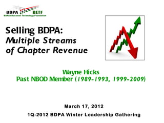 Selling BDPA:
Multiple Streams
of Chapter Revenue

               Wayne Hicks
  Past NBOD Member (1989-1993, 1999-2009)



                  March 17, 2012
     1Q-2012 BDPA Winter Leadership Gathering
 