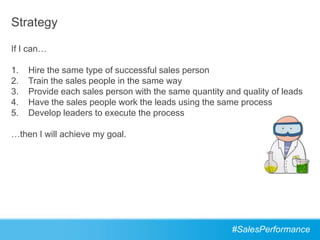 Strategy

If I can…

1.   Hire the same type of successful sales person
2.   Train the sales people in the same way
3.   Provide each sales person with the same quantity and quality of leads
4.   Have the sales people work the leads using the same process
5.   Develop leaders to execute the process

…then I will achieve my goal.




                                                        #SalesPerformance
 
