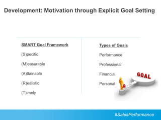 Development: Motivation through Explicit Goal Setting




      SMART Goal Framework       Types of Goals

      (S)pecific                 Performance

      (M)easurable               Professional

      (A)ttainable               Financial

      (R)ealistic                Personal

      (T)imely




                                         #SalesPerformance
 