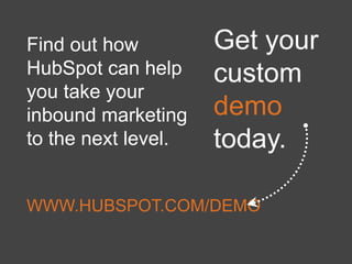 Find out how         Get your
HubSpot can help     custom
you take your
inbound marketing    demo
to the next level.   today.

WWW.HUBSPOT.COM/DEMO
 