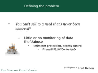 Defining the problem




•   You can't sell to a need that's never been 
    observed(*)

     –   Little or no monitoring of data
         theft/abuse
            •   Perimeter protection, access control
                   –   Firewall/IPS/AV/Content/AD




                                                        Lord Kelvin
                                       (*) Paraphrase of 
 