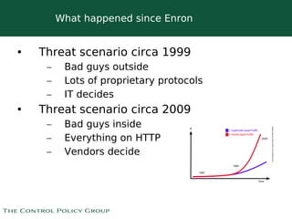 What happened since Enron


•       Threat scenario circa 1999
         –    Bad guys outside
         –    Lots of proprietary protocols
         –    IT decides
•       Threat scenario circa 2009
         –    Bad guys inside
         –    Everything on HTTP
         –    Vendors decide




                               
 